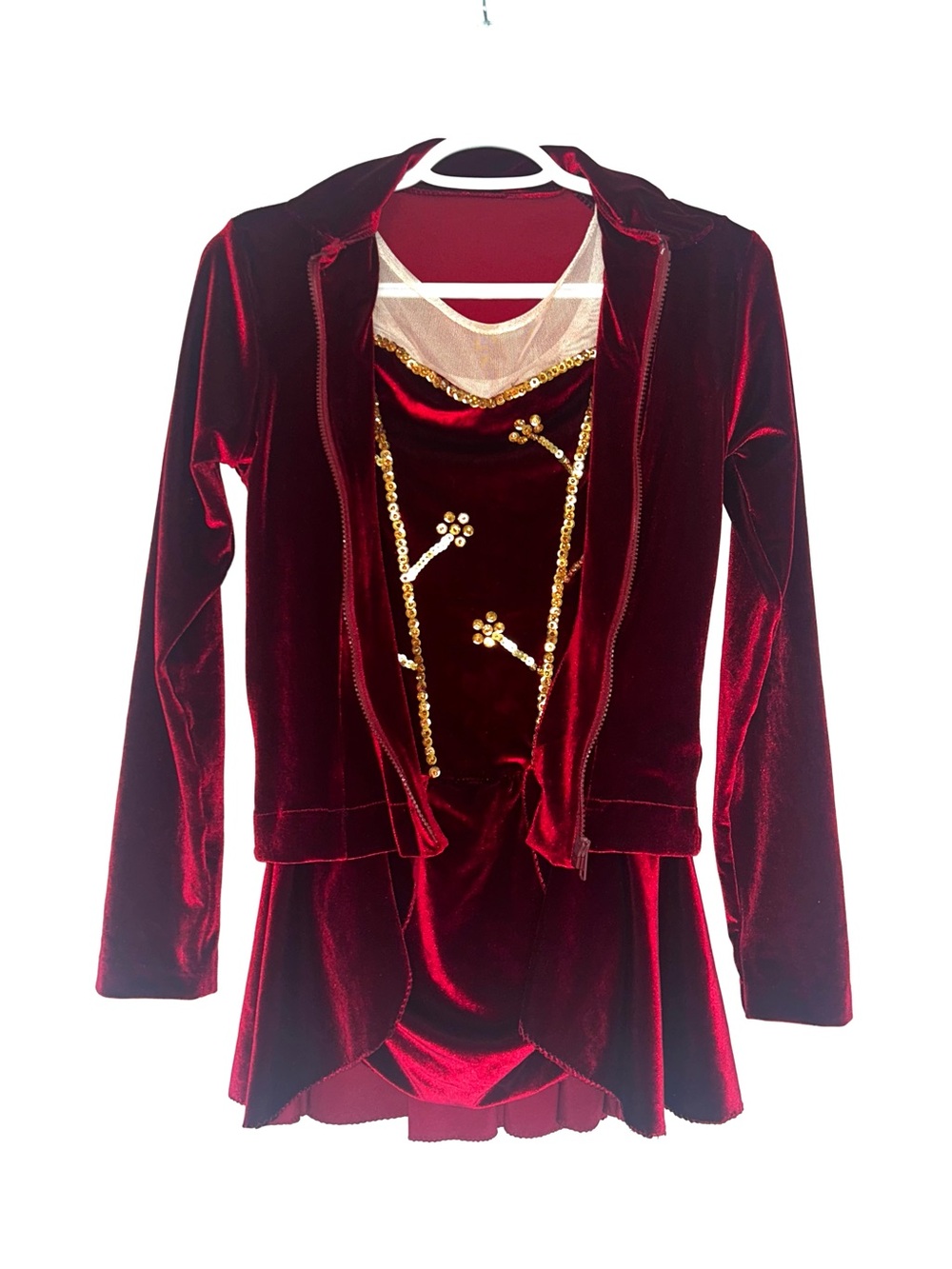 Custom Wine Red Velvet Figure Skating Competition Dress & Warm Up Jacket Set
